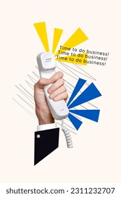 Vertical collage picture of business person arm hold retro cable telephone time to do business isolated on painted white background - Shutterstock ID 2311232707
