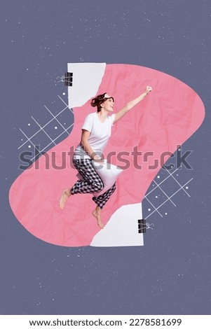 Vertical collage picture of cheerful excited girl sit flying pillow cushion isolated on drawing background