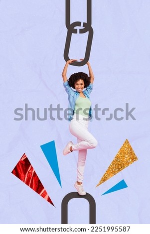 Vertical collage picture of cheerful little person stand hands hold connect chain isolated on painted background