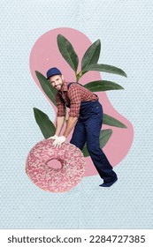 Vertical collage picture of cheerful mini car mechanic guy hands hold big glazed donut instead tire plant leaves isolated on creative background