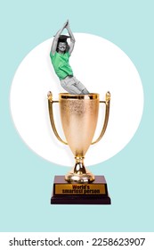 Vertical collage picture of delighted mini black white effect guy inside worlds smartest person award cup isolated on painted background - Shutterstock ID 2258623907