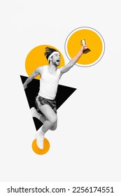Vertical collage picture of excited black white gamma guy run jump arm hold trophy cup isolated on drawing background - Shutterstock ID 2256174551