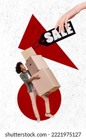 Vertical Collage Picture Of Excited Cheerful Guy Hold Pile Stack Carton Boxes Big Arm Touch Sale Ad Isolated On Painted Background