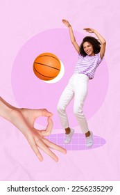 Vertical collage picture of excited cheerful girl throw basketball big arm fingers demonstrate okey symbol isolated on painted background - Shutterstock ID 2256235299
