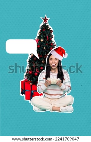 Vertical collage picture of excited funny girl hold popcorn plate decorated newyear tree empty space communication bubble