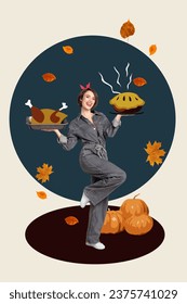 Vertical collage picture of funky cheerful girl arms hold hot pumpkin pie roasted turkey flying fallen leaves isolated on creative background