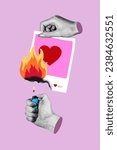 Vertical collage picture of hand holding lighter flame burning love paper postcard break up concept isolated on pink color background