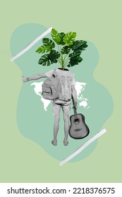 Vertical collage picture of headless black white gamma guy plant leaves instead head hold guitar rucksack hitchhike isolated on painted background