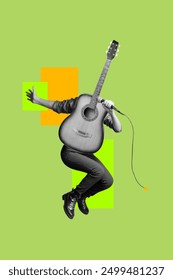 Vertical collage picture headless jumping person guitar acoustic instrument singer microphone performance concert body fragment