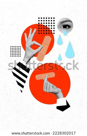Vertical collage picture of human body parts two arms black white effect hold medical patch eye crying isolated on painted background