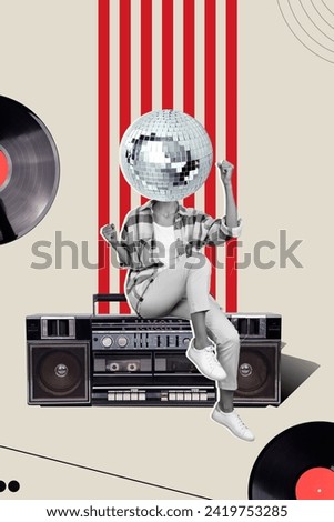 Vertical collage picture illustration black white filter headless woman disco ball retro dance oldschool party unusual colorful template