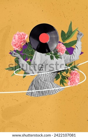 Vertical collage picture illustration black white effect headless vinyl woman tenderness retro peony blossom doodle beige background