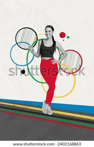 Vertical collage picture illustration happy sporty young woman sketch drawing sportswear ring olympic game tape colorful white background