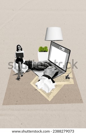 Vertical collage picture image artwork of sitting business lady in formal wear browsing laptop editing text isolated on beige background