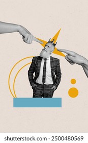 Vertical collage picture image elder man finger gesture arms pointing crown royal headwear narcissism grandfather drawing background