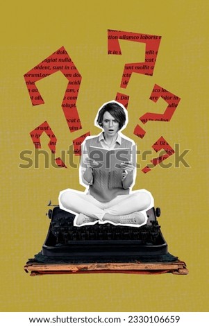 Vertical collage picture of impressed black white effect girl sit hige typing machine read book question mark isolated on olive khaki background