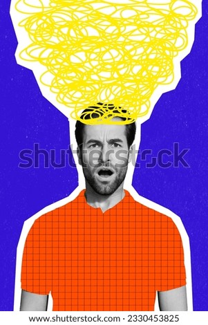 Vertical collage picture of impressed black white colors guy painted mind mess head isolated on blue drawing background