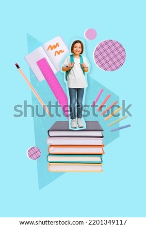 Vertical collage picture of little happy girl stand big pile stack book school supplies isolated on drawing background