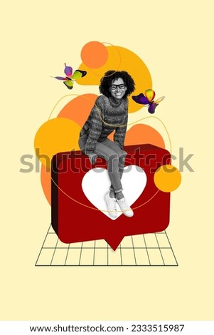 Vertical collage picture of mini black white colors girl sitting huge like notification butterfly isolated on beige background