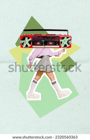 Vertical collage picture of mini girl walking big boombox instead head isolated on creative drawing paper background