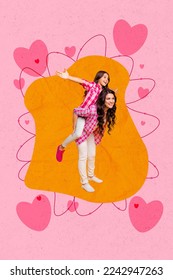 Vertical collage picture mother hold excited daughter piggyback drawing hearts isolated painted background