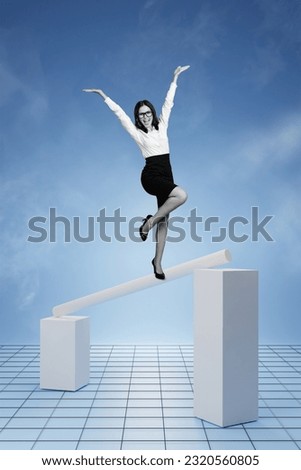 Vertical collage picture of overjoyed black white colors elegant girl climb career business height raise hands isolated on painted blue background