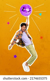 Vertical collage picture overjoyed excited person enjoy dancing partying finger touch disco ball isolated drawing background