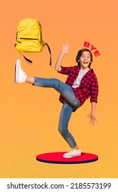 Vertical Collage Picture Of Overjoyed Positive Boy Arm Palm Waving Bye Throw Backpack Isolated On Creative Background