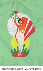 Vertical collage picture overjoyed positive girl hands hold growing flower head isolated green drawing background
