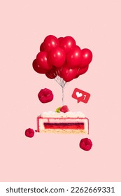 Vertical collage picture piece cake red balloons decoration pouted lips kiss like notification instagram facebook