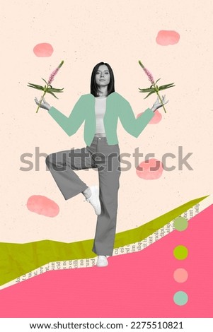 Vertical collage picture of positive black white gamma girl stand one leg meditate hands hold flowers isolated on creative background