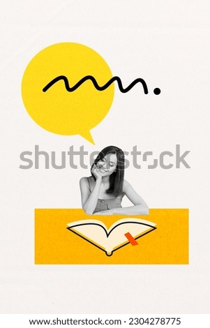 Vertical collage picture of positive black white effect girl read painted book mind bubble isolated on white creative background