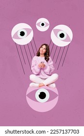 Vertical collage picture positive cheerful girl sit huge eyeball use telephone isolated painted pink background