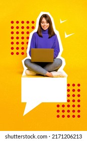 Vertical Collage Picture Of Positive Girl Sitting Copyspace Dialogue Bubble Use Wireless Netbook Write Email