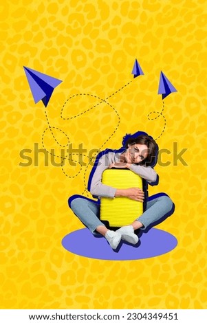 Vertical collage picture of positive minded girl hands hug hold suitcase think flying paper planes isolated on yellow background