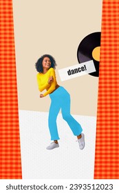 Vertical collage picture poster of funky girl dancing on stage boogie woogie nostalgia party with vinyl disc isolated on beige background - Shutterstock ID 2393512023