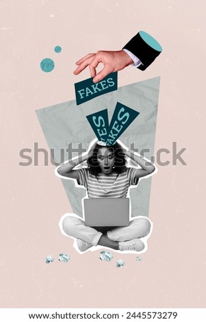 Vertical collage picture sitting young stunned girl fake news information falsification web internet social media drawing background