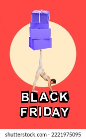 Vertical Collage Picture Of Sporty Girl Stretching Leg Hold Big Pile Stack Giftbox Black Friday Deal Isolated On Creative Background