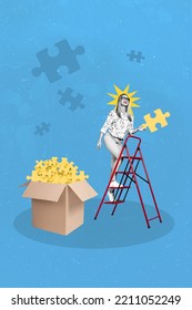 Vertical Collage Picture Of Successful Girl Black White Gamma Climb Ladder Hold Puzzle Piece Isolated On Painted Blue Background