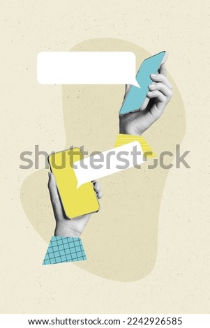 Vertical collage picture of two black white colors arms hold telephone empty space dialogue bubble isolated on painted background