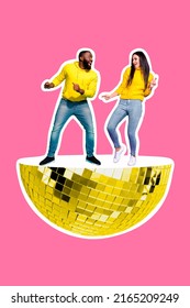 Vertical Collage Picture Of Two People Have Fun Enjoy Dancing Huge Half Disco Ball Isolated On Pink Background