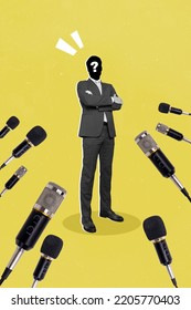 Vertical Collage Picture Of Unknown Secret Person Folded Arms Journalists Microphones Isolated On Yellow Background