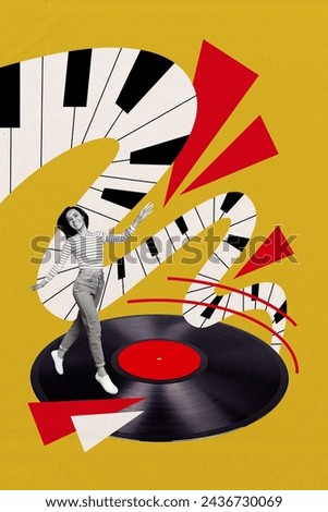 Vertical collage picture young walking girl carefree happy smile vintage vinyl plate piano keys instrument entertainment party album cover