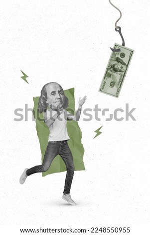 Vertical collage portrait of black white colors small guy dollar franklin head catch run hanging hook banknote isolated on creative background
