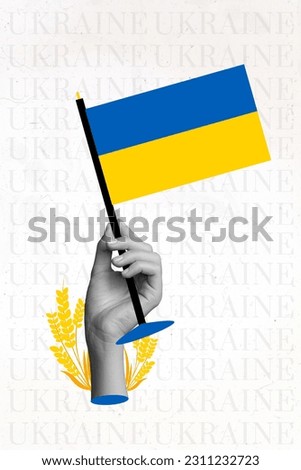 Vertical collage portrait of black white colors arm hold ukraine national flag wheat spike plant isolated on creative background