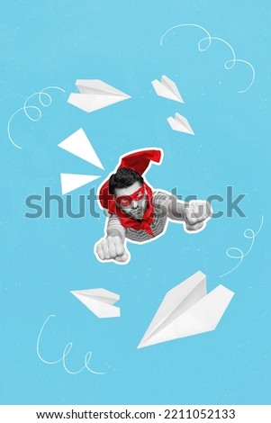 Vertical collage portrait of confident brave super guy raise fists flying paper planes isolated on blue background