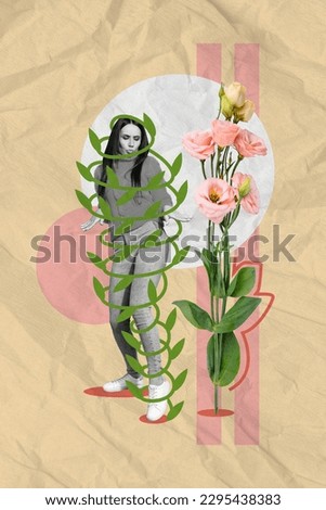 Vertical collage portrait of mini black white colors girl dancing big fresh rose flowers isolated on painted background