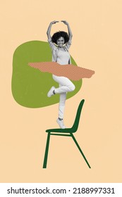 Vertical collage portrait of positive cheerful girl black white colors stand chair dance isolated on drawing background