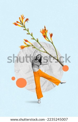 Vertical collage portrait of small black white gamma positive girl arms hold big flower isolated on painted background