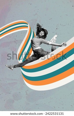 Vertical collage poster illustration image black white effect peaceful joyful young woman levitation colorful striped gray template